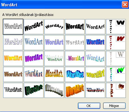 WordArt beszúrásához a Beszúrás menü Kép menü WordArt menüt használhatjuk. Rákattintva kész stílusok közül választhatunk.