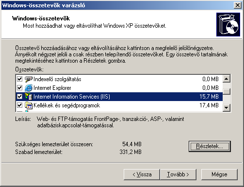 1. Bevezetés 6 / 91 1.2. Windows alatt IIS webkiszolgáló telepítése A Windows 2000 és Windows XP változatokban már megtalálható az IIS webkiszolgáló.