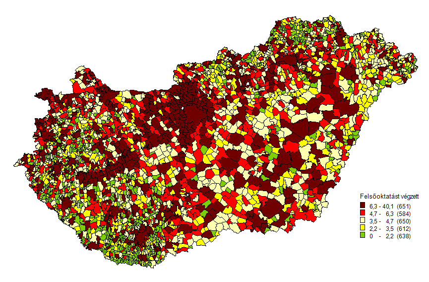 M 11. ábra: A 18 évnél idősebbek között a befejezett középiskolával rendelkezők aránya (forrás: Népszámlálás 2001) M