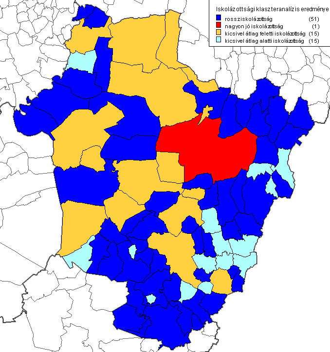 A második csoportba a nagyon rossz iskolázottsági helyzetbe, 15 település került.