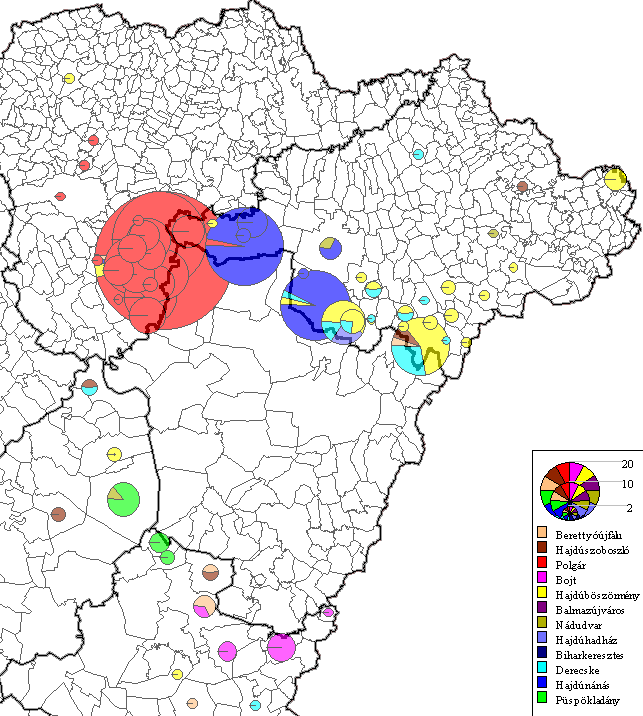 47. ábra: A megye szakképző intézményeinek megyehatáron átterjedő vonzása városonként (2013) (forrás: HBKIK adatgyűjtése) A megyéből megyehatáron átnyúló vonzáskörzettel Polgár (Borsod-