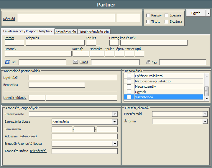 Név/kód: Ha egy vevő adatai törzsadatként tárolásra kerülnek, akkor a vevő nevén kívül, ami nem feltétlenül egyedi, egy teljesen egyedi, maximum hat karakter hosszú kódot kell rögzíteni.