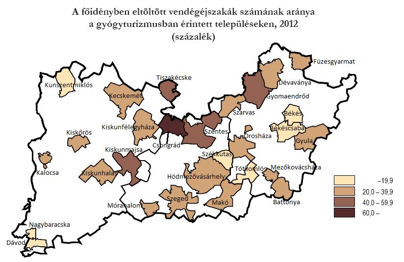 A KSH 2013-as kutatása alapján 2012-ben összesen 28 település volt érintett a gyógyturizmusban a Dél-Alföldön.