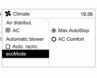 Hőmérséklet-szabályozás 113 A menü előhívásához nyomja meg a középső gombot. A Climate (Légkondicionálás) menü jelenik meg a kijelzőn.