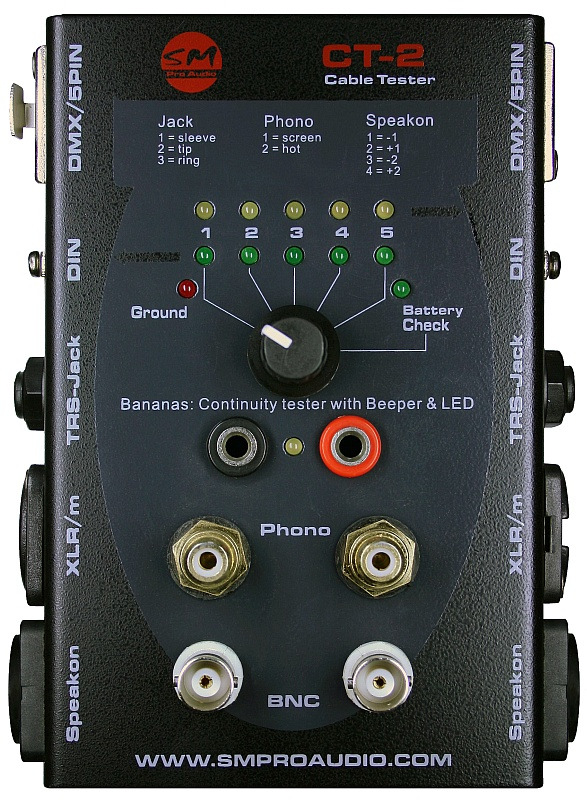 CT2 Kábelteszter A CT2 egy igen sokoldalúan használható kábel/csatlakozó tesztelő készülék, mellyel bármilyen szabványos audio kábel és csatlakozó gyorsan és hatékonyan ellenőrizhető.