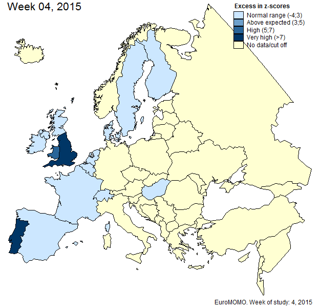 52 Epinfo 5. szám Többlethalálozás tagállamok szerint, EU/EGT országok 2015. 4. hét 3. sz. ábra Többlet Z-pontszám szerint Normál tartomány (-4;3) A vártat meghaladó (3;5) Magas (5;7) Nagyon magas (>7) Nincs adat Forrás: - EuroMomo, www.