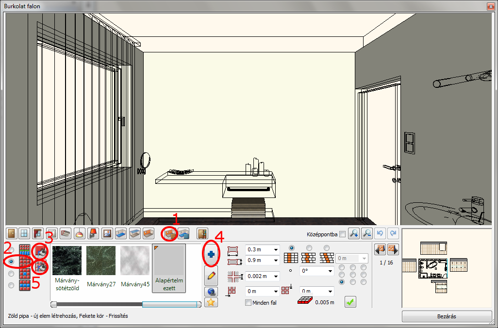 6 3. Lecke: Fürdőszoba tervezés - Burkolás Válassza a Burkolat falon ikont a burkolólapok elhelyezéséhez (1). Válassza a Teljes burkolás opciót (2).