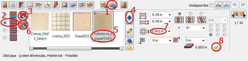 Burkolat padlón A következőkben Folkstone Beige lapokkal fogjuk burkolni a padlót: Kattintson a Burkolat padlón ikonra (1) a Helyiségvarázslóban. Válassza a Teljes burkolás opciót (2).