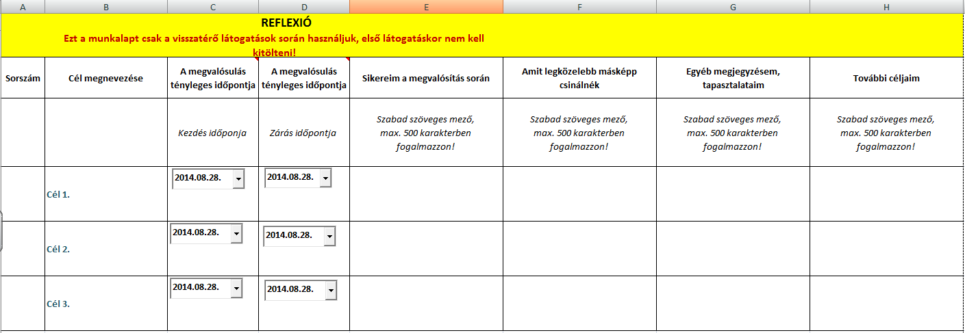 6.3 PSZFT reflexiók A visszatérő látogatások alkalmával a pedagógus az első (előző) alkalommal kitöltött PSZFT-jével dolgozik. Az Excel fájl 4.