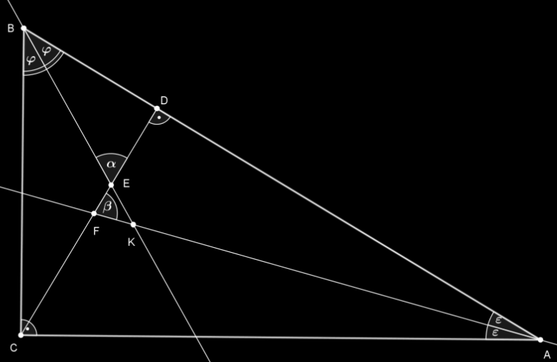 Construim figura conform cerințelor problemei, notând cu K intersecția bisectoarelor, adică centrul cercului înscris în triunghi Suma măsurilor unghiurilor ascuțite din triunghiul ABC este 45,