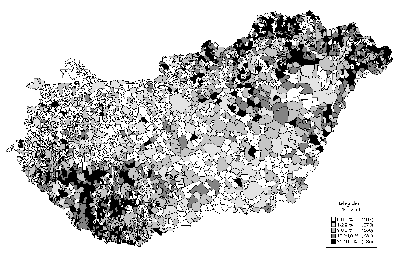 98 ~ Regionális tudományi közlemények 1. ábra. A cigány népesség területi eloszlása az adott település lakosságának arányában Figure 1.