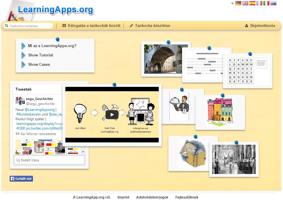 8. ábra A LearningApps nyitóoldala. Az oldal használata szintén ingyenes, de regisztráció szükséges.