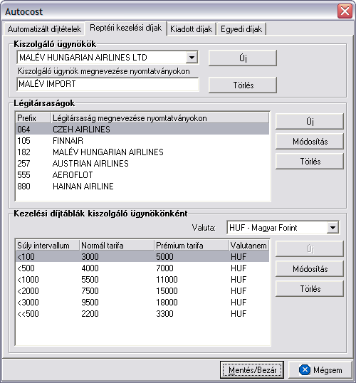 Automatizált díjtáblázatok A reptéri kezelési díjtáblázatok rögzítésének 3 fo része van: Kiszolgáló ügynök: kiszolgáló ügynökök kiválasztása Légitársaságok és a hozzájuk tartozó Prefixek: adott