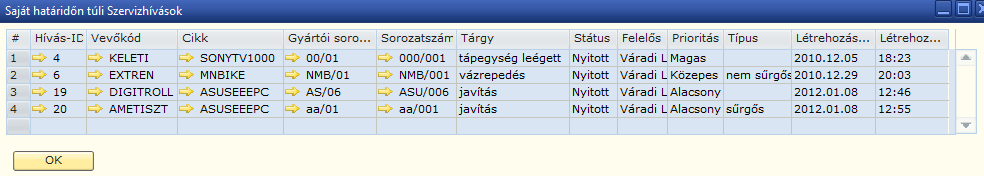 7.9 SAJÁT NYITOTT SZERVIZHÍVÁSOK Ebben a menüpontban szűrési feltételek beállítása nélkül a saját nyitott szervizhívásaink listázhatók ki és a kapott beszámoló alapján vizsgálható a megjelenített