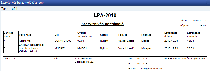 110. ábra: S > Szolgáltatás beszámolók > Saját