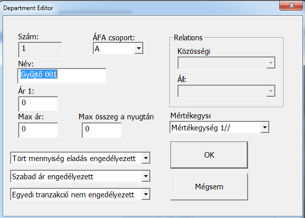 INCOTEX PLU MANAGER 7 Ha egy Gyűjtő kiválasztásra kerül a listából, akkor a következő típusú ablakban szerkeszthető: Ábra 8. A Név, az Ár, a Max. ár, Max. összeg mezők kitölthetőek.
