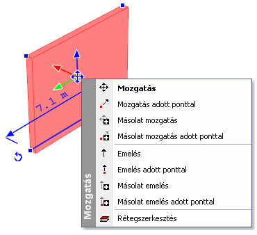 Jelöljön ki egy elemet a 3D ablakban, ekkor az azon kék színű mozgatás és forgatás markerek jelennek meg. (Ha a kiválasztott elem túl kicsi, nagyítsa addig a képet, amíg a markerek megjelennek).