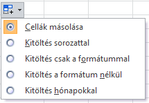 Lehetőség van szöveges sorozatok definiálására is, ekkor a sorozat elemeit egymás alá vagy egymás mellé írva, majd a másolást a kitöltő négyzetet segítségével elvégezve a beírt adatok váltakozva