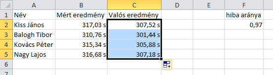 Mint látható minden cellában a számított érték nulla, ami a relatív hivatkozásoknak köszönhető.