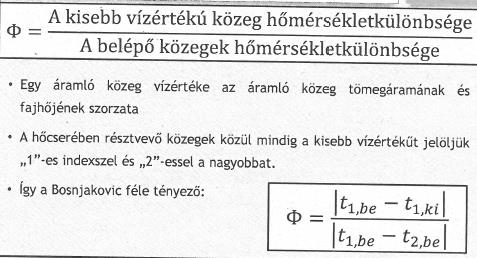 2 ) hányadosa: A Φ hőcserélő haásosság a definíciójából adódóan 0 és 1 közöi éréke vehe fel, és az muaja, hogy az elvileg leheséges hőcserének (hőmérsékle válozásnak) mekkora hányada valósul meg az