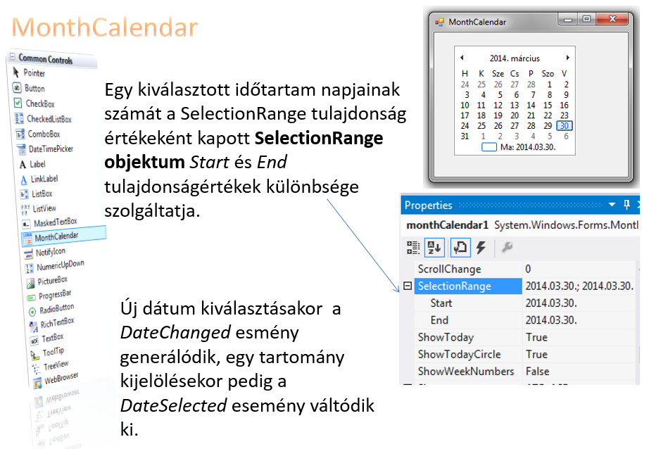 A MonthCalendar (Naptár) vezérlő A naptárban a felhasználó kattintással választhatja ki a dátumot és időt. A kiválasztható értéktartományt a MinDate és MaxDate tulajdonságok határozzák meg.