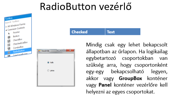 Választóvezérlők CheckBox A CheckBox vezérlő egy érték beállítására alkalmas. Rendszerint valamilyen logikai érték megjelenítésére használjuk. A formra több checkbox objektum is elhelyezhető.