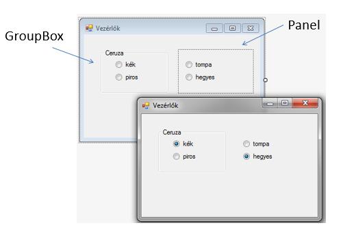 Ilyen konténer típusú vezérlő a formon kívül a Panel és a Group vezérlő. A Group vezérlőnek adhatunk feliratot, Text tulajdonság, s ez futás közben látható.