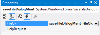 Az alábbi képen a SaveFile Dialog tulajdonságai láthatók Legfontosabb eseménye a FileOK esemény, amely akkor következik be, amikor a felhasználó az Open vagy a Save gombra kattint.