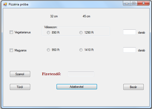 Mivel sem azt nem tudjuk, hogy hányféle pizzát árul az adott pizzéria, és azt sem, hogy ezeket milyen áron és hányféle méretben, ezért az adatokat fájlból olvassuk be, emiatt magukat a