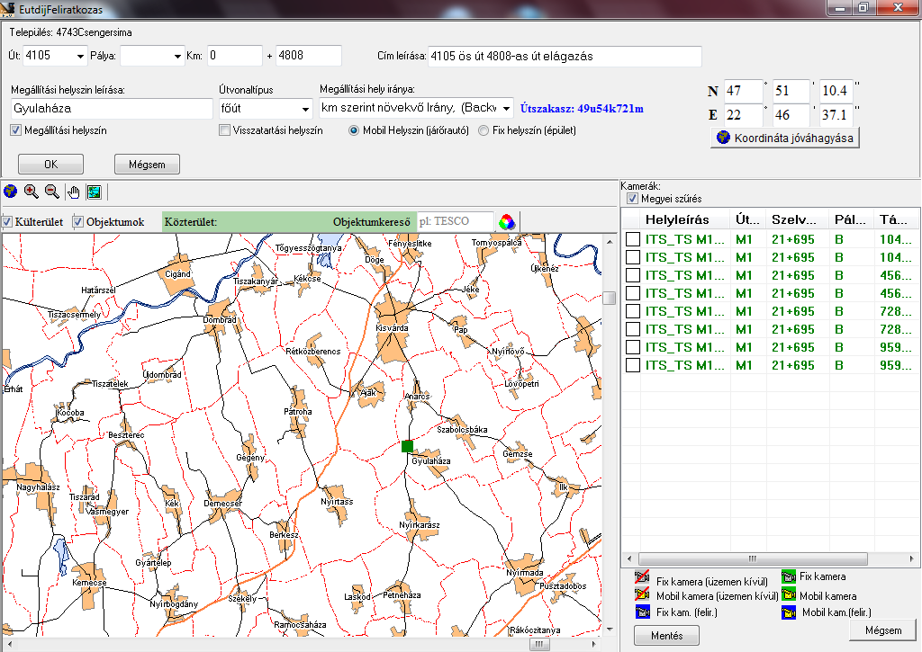 A különböző helyszíneket a térképpont segítségével is be lehet állítani. Ehhez az új helyszín rögzítésénél az egér mutató eszköz segítségével a térképre kattintva beállíthatjuk a helyszínt.
