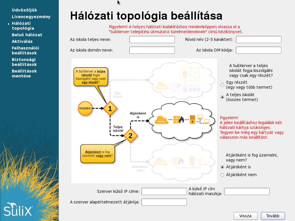 A TELEPÍTÉS BEFEJEZÉSE Intézmény adatok és a hálózati topológia megadása Teljes iskolát (összes