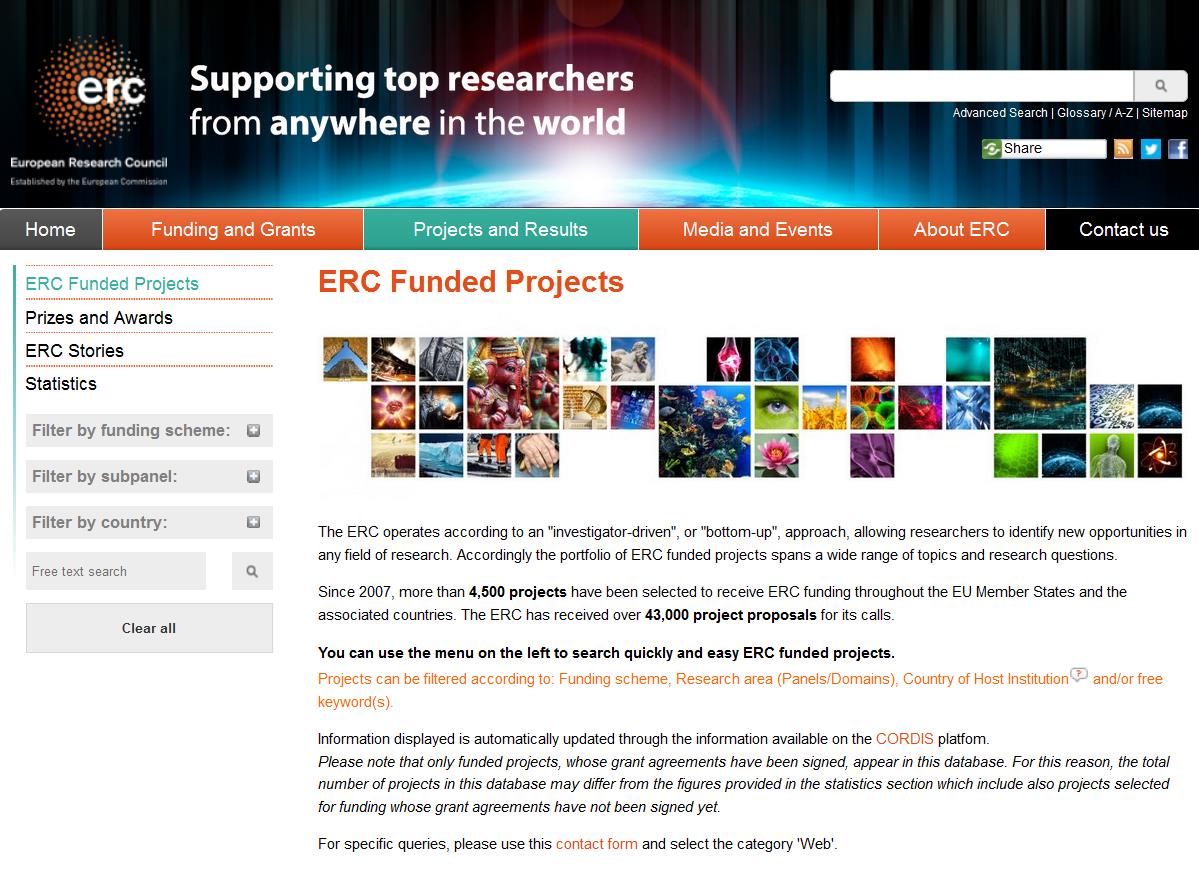 ERC támogatott projektek A keresés a grant típusa, a