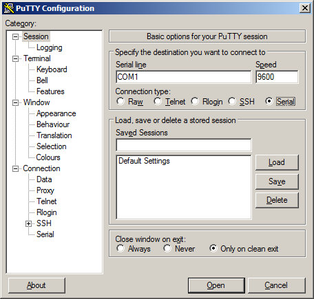 Csatlakozás lépései a Moteino-hoz: 3. ábra: PuTTY kliens felülete 1. Ellenőrizze melyik soros portra csatlakozik a Moteino! 2.