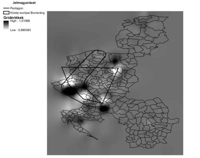 mutat az általános tendenciákkal. Mint az a 4. ábrán jól látszik, a vizsgálati térség valamennyi régiója a nyugati erőközpontok felé gravitál.