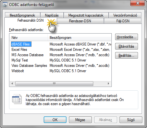 176 MySQL DBMS és adatbázis alkalmazások kommunikációja 44. ábra ODBC adatforrás-felügyelő A rendszer adatforrásokhoz számítógépünk minden felhasználója hozzáférhet.