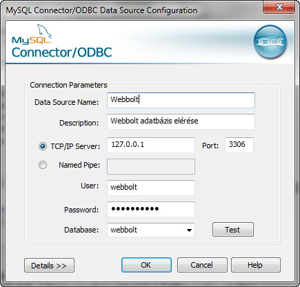 MySQL DBMS és adatbázis alkalmazások kommunikációja 177 45. ábra Webbolt adatforrás létrehozása A fenti ábrán a webbolt adatbázis eléréséhez szükséges adatforrás konfigurációja látható.