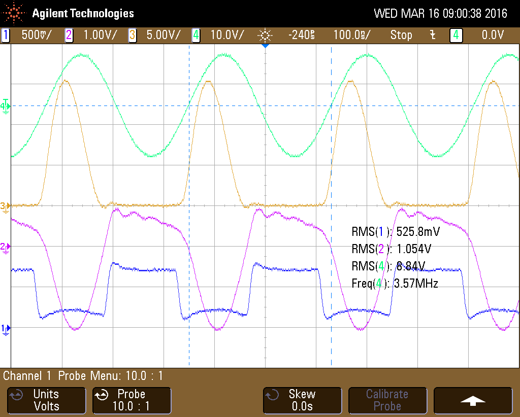 A háromfokozatú adó 3,57 MHz-en mért jelformái: 1. A meghajtó tranzisztor bázisán (Q3) 2. A végtranzisztor bázisán (Q4) 3. A végtranzisztor kollektorán 4. A 68 Ω-os műterhelésen.