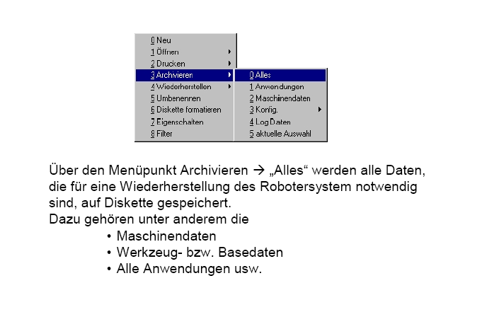 Programírás navigátor Mindent ment Az "Archivieren Alles" [Mentés Minden] menüpontban minden, a robotrendszer