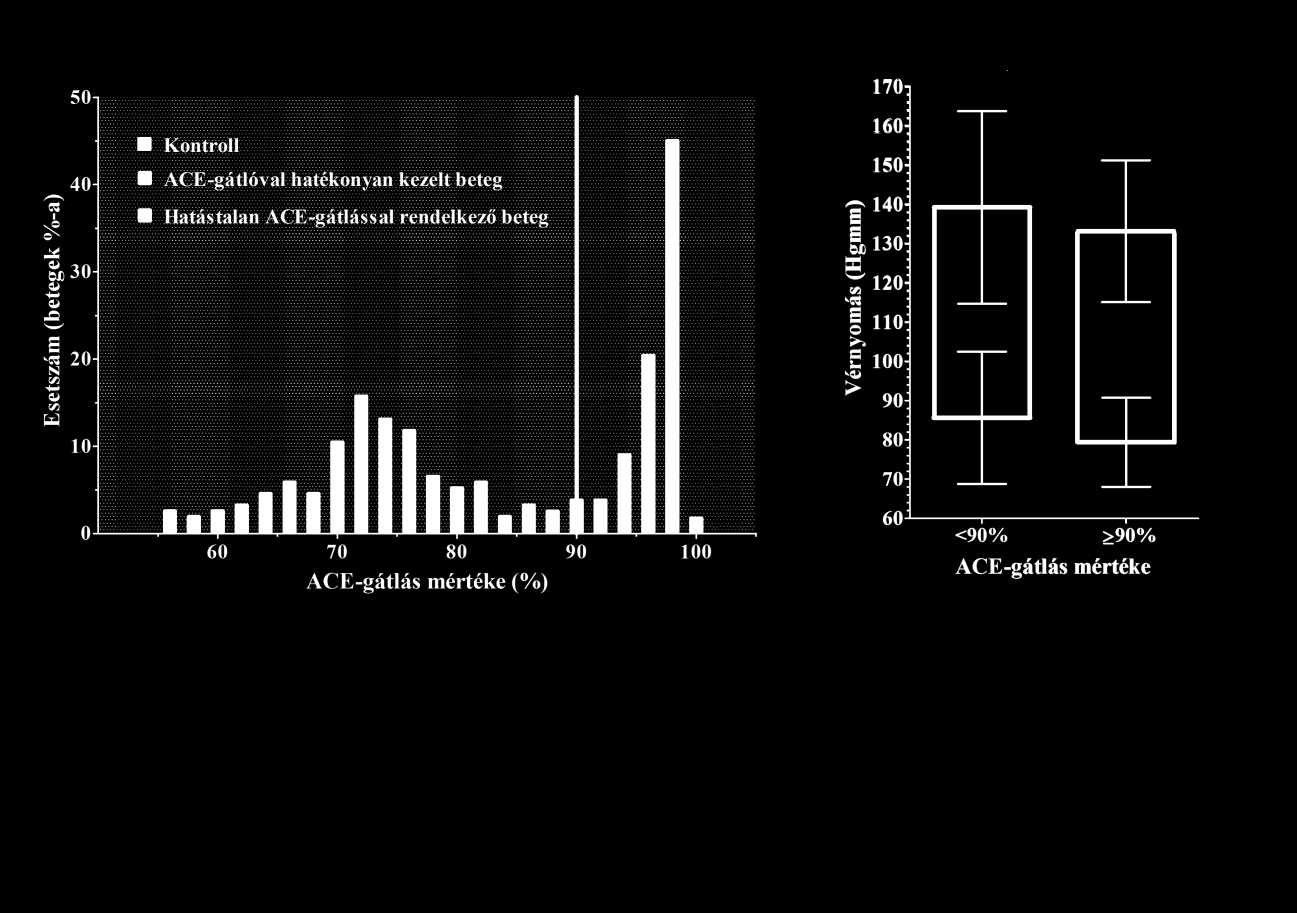 80,5±13 Hgmm értéknek, míg a kontroll, ACE-gátlót nem szedő betegek vérnyomásértéke 131,9±17 / 80,5±10 Hgmm-nek adódott. Minden egyes beteg esetében meghatároztuk az ACEgátlás mértékét (24.