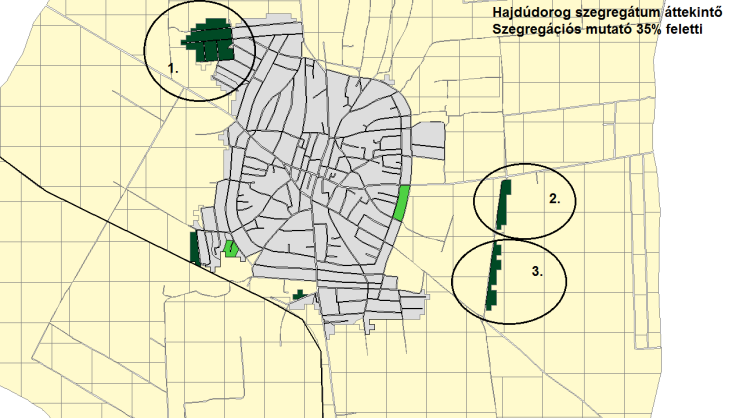 3.6. Szegregált vagy szegregációval veszélyeztetett területek lehatárolása, térképi ábrázolása és helyzetelemzése (potenciális akcióterületek) A KSH Hajdúdorog városrészeinek adatait és szegregációs