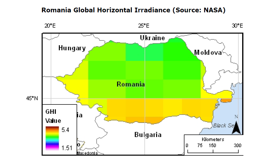 Az átlagos napsugárzás az ország területének több mint a felén 1100 kwh/m 2-1300 kwh/m 2 értéket vesz fel egy évre vonatkoztatva.