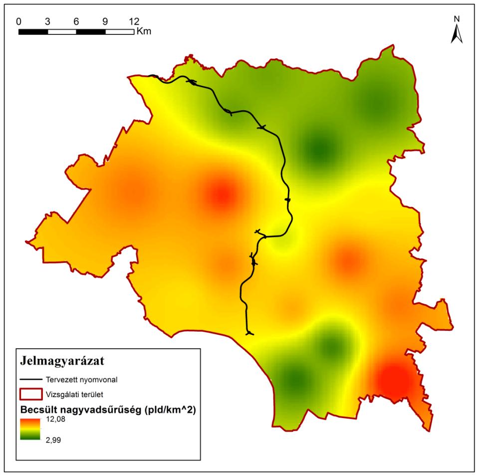 5.4.16. ábra A nyomvonallal érintett térség átlagos nagyvadsűrűsége (az öt nagyvadfaj együtt) a 2013-2015 közötti adatok alapján Az 5.4.16. ábra jól jelzi, hogy a tervezett út a nagyvadfaj előfordulása szempontjából gyakorlatilag egybefüggő élőhelyet választ ketté.