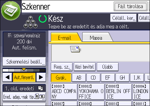 Szkennelt fájlok e-mailben történő küldésének alapeljárása E-mail célállomás törlése 1. Nyomja meg a [Felhasználói eszközök/számláló] gombot. 2. Nyomja meg a [Címlista kezelése] gombot. 3.