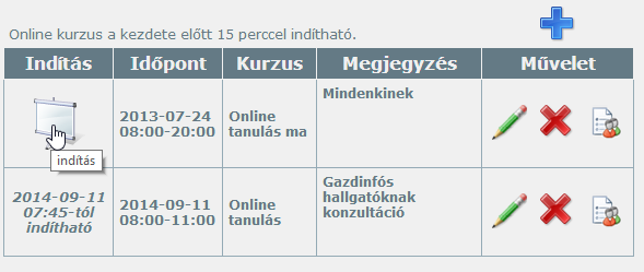 Online esemény indítása, szerkesztése Amennyiben kevesebb, mint 15 perc van az online esemény indulásig, el tudjuk azt indítani.