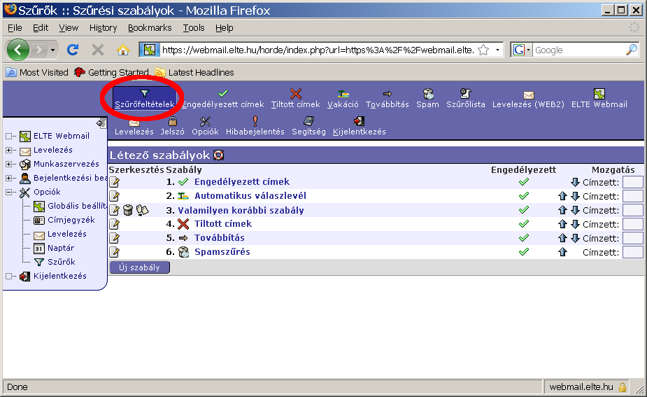 A szűrőlistában most már aktívan jelenik meg a spamszűrés, a spamnek