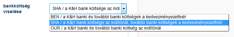 a bank országa, a bank címe és az egyéb bankazonosító mező kitöltése akkor kötelező, ha a bank azonosítója (SWIFT/BIC) mező nincsen kitöltve az egyéb bankazonosítója minden esetben 2 nagybetűvel