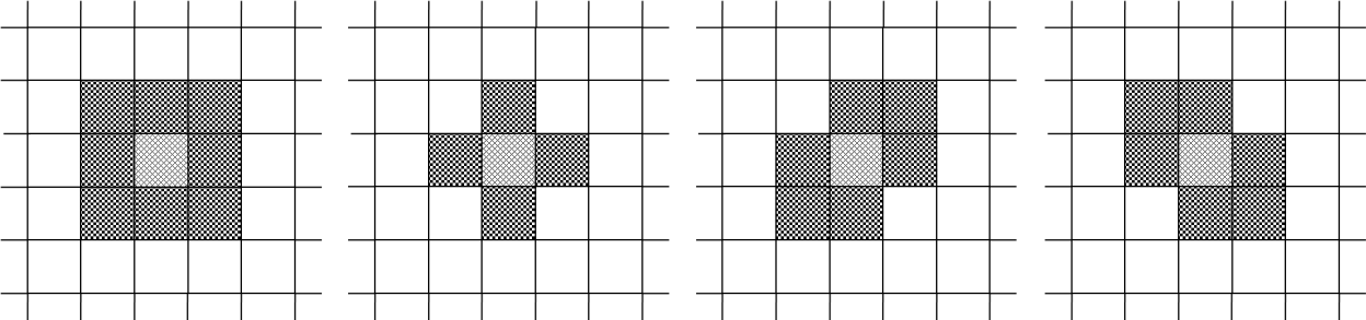 2. A SEJTAUTOMATA állapotát. Ugyanez igaz a szomszédsági relációra is, ugyanis a sejtek új állapota a saját és a szomszéd sejtek állapotának függvénye. Az idő szintén diszkrét egységekben mérhető.