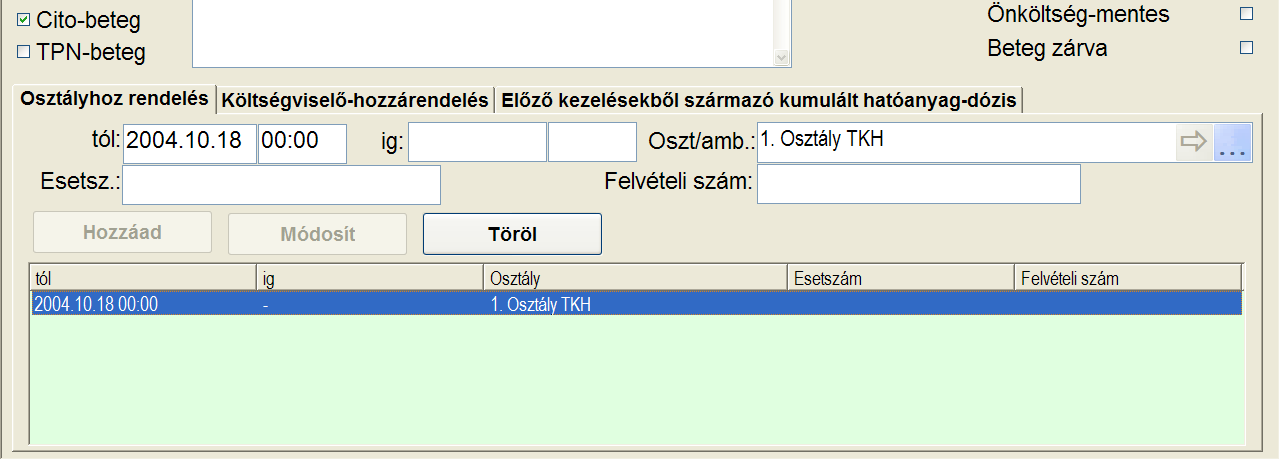 Beteg általáns adatai: egy új beteg létrehzásakr feltétlen szükséges a családi nevet (utónév), keresztnevet, valamint a születési dátumt megadni. Egyéb adatk, mint pl. cím, TAJ-szám, stb.