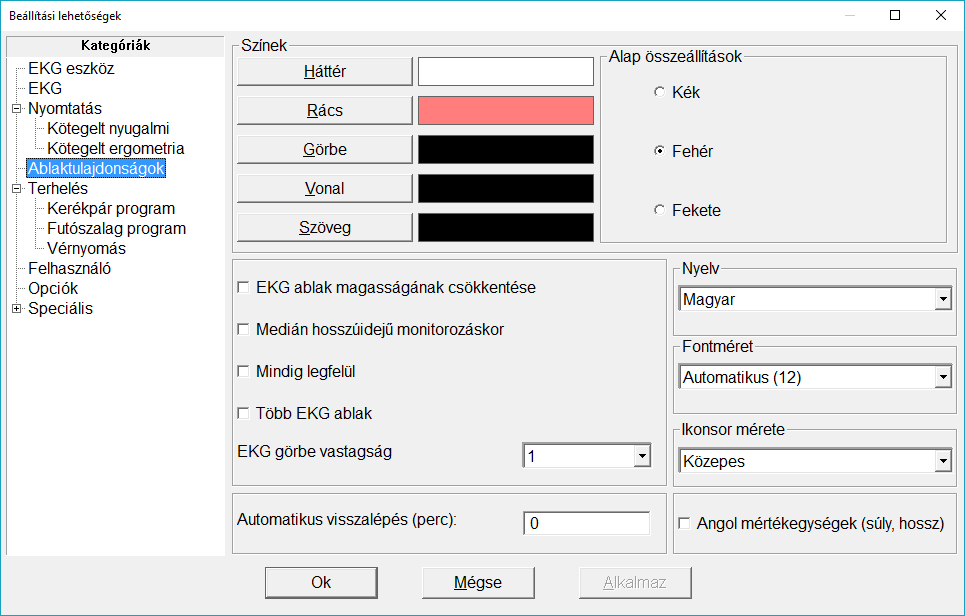 3.4 Ablaktulajdonságok Itt az EKG ablakok (monitor, vonalzó, mediánok) paraméterei állíthatók be. Az egyes elemek színei külön-külön állíthatók.