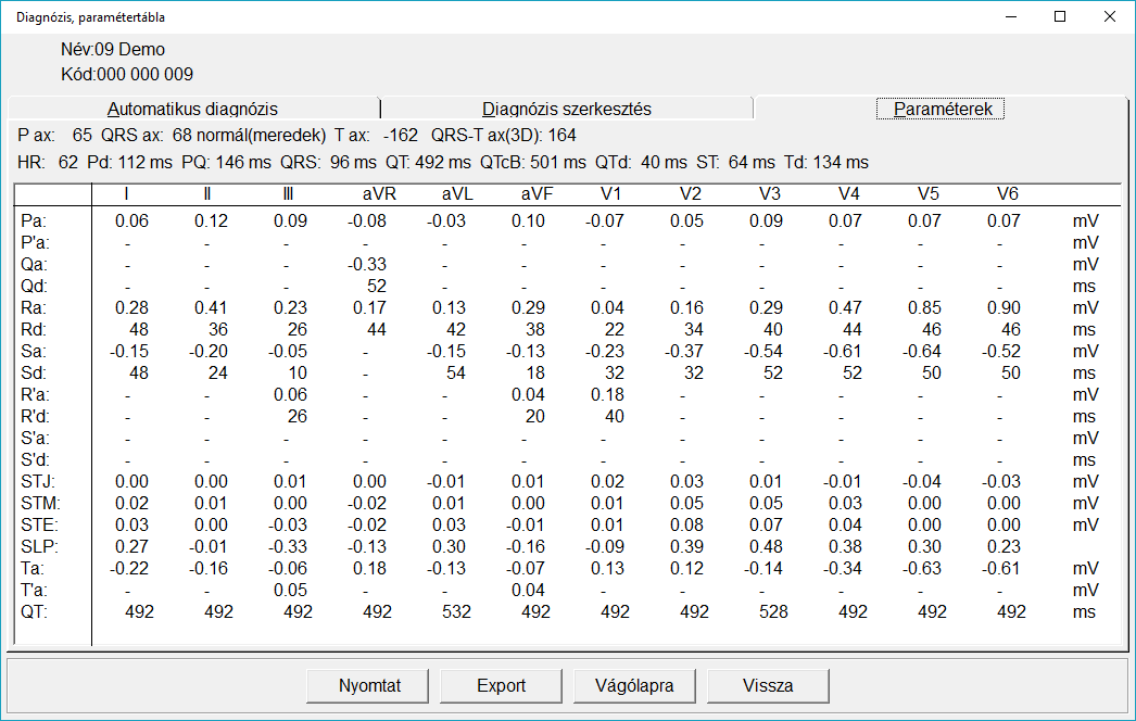 az ezen belül talált ütések számát és azokat a megállapításokat tartalmazza, amelyek normális (nem kóros) EKG felvételre utalnak. Ezután következnek a kórosnak minősülő elváltozások.